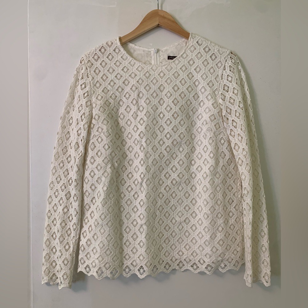 J. McLaughlin White Lissa Diamond Lace Eyelet Long Sleeve Blouse Medium